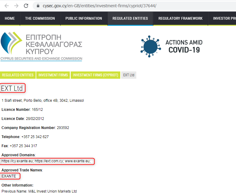Exante EXT LTD CYSEC